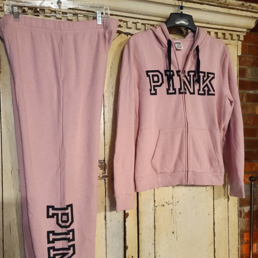 VS PINK set Zip Hoodie Boyfriend Pants Rose Pink L